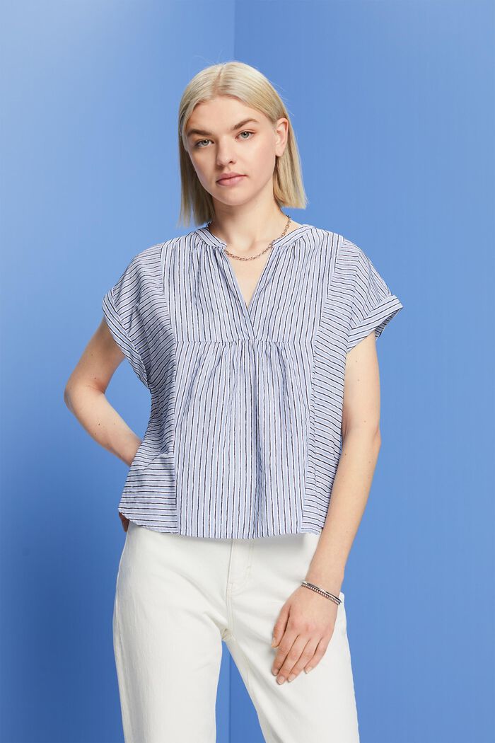 Striped short-sleeve blouse, 100% cotton, BRIGHT BLUE, detail image number 0