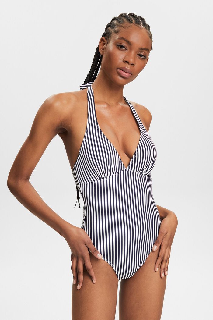 Striped Halterneck Swimsuit, NAVY, detail image number 0