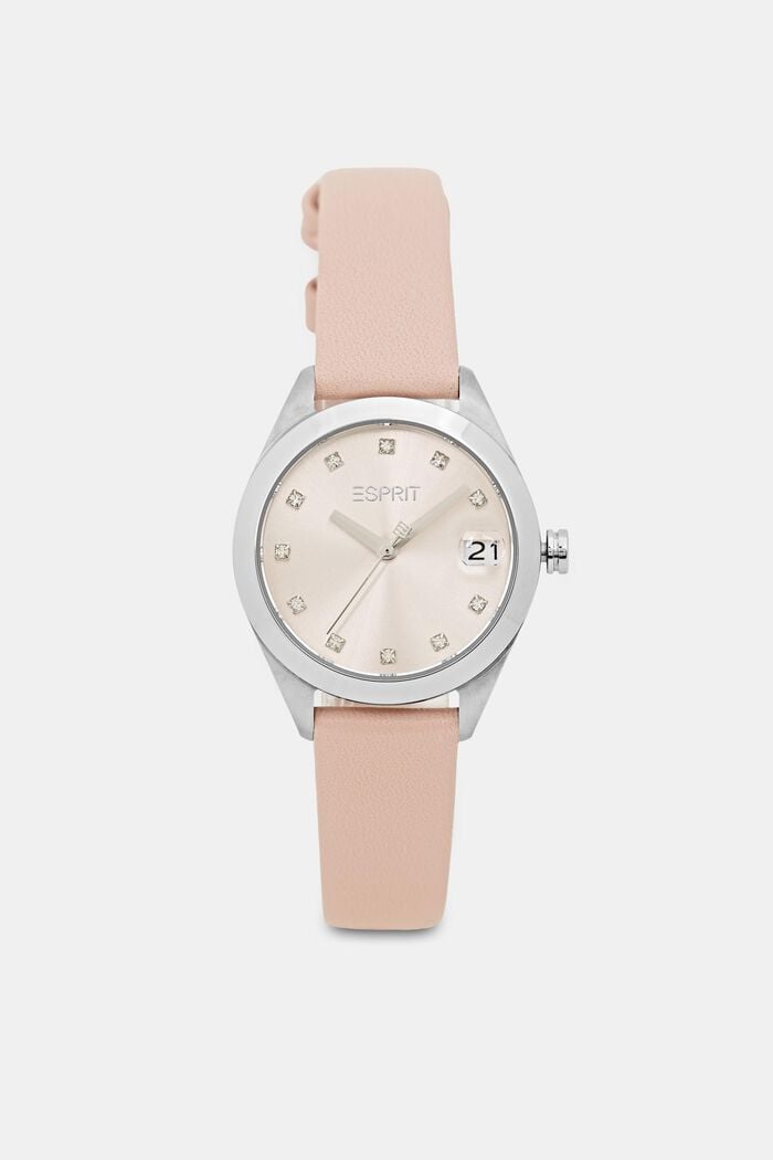 Watch with a leather strap and date display, PINK, detail image number 2