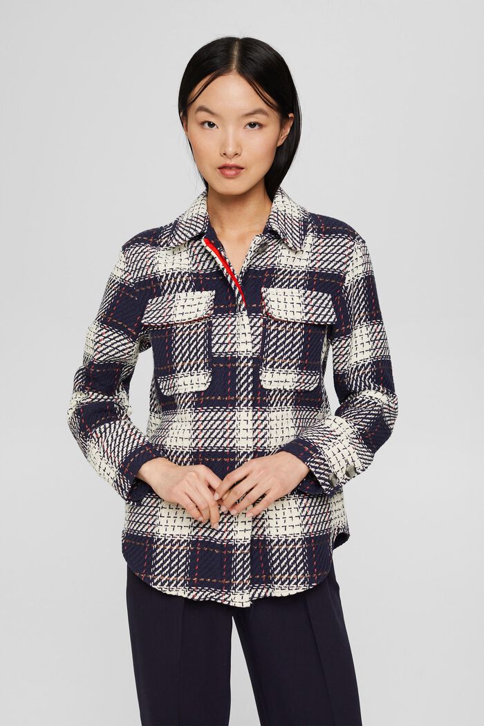 Check shirt jacket with a bouclé finish, NAVY, overview