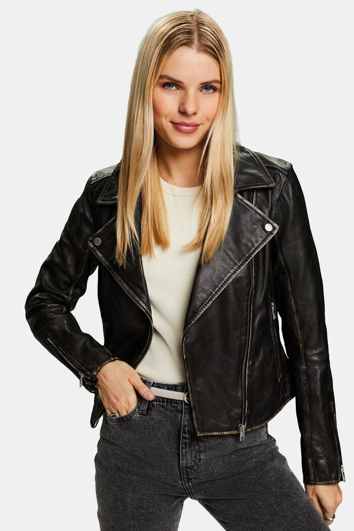 Leather Biker Jacket, BLACK, detail image number 4