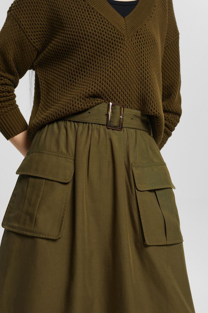 Linen blend: midi skirt with a belt, DARK KHAKI, detail image number 0