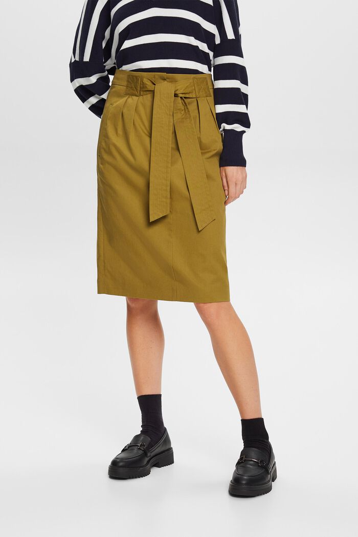 Belted knee length skirt, 100% cotton, OLIVE, detail image number 0