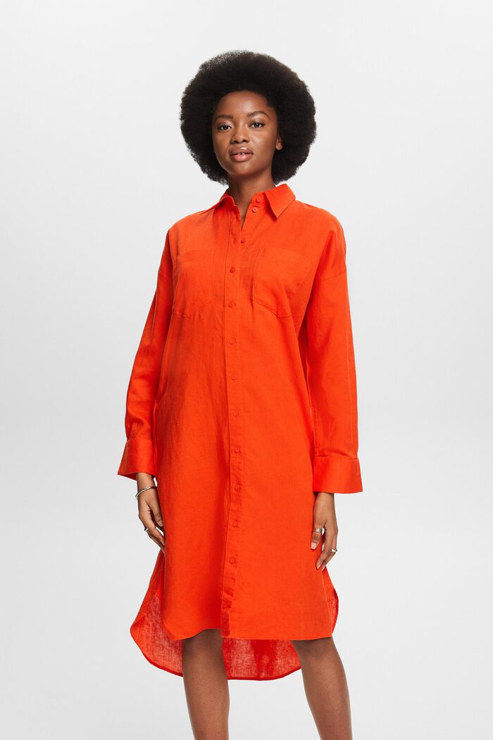 Linen-Cotton Belted Shirt Dress, BRIGHT ORANGE, detail image number 0