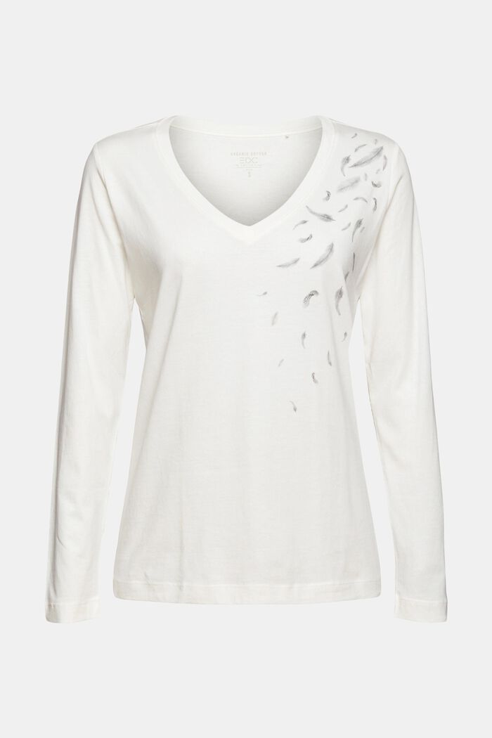Printed long sleeve top, 100% cotton, OFF WHITE, overview