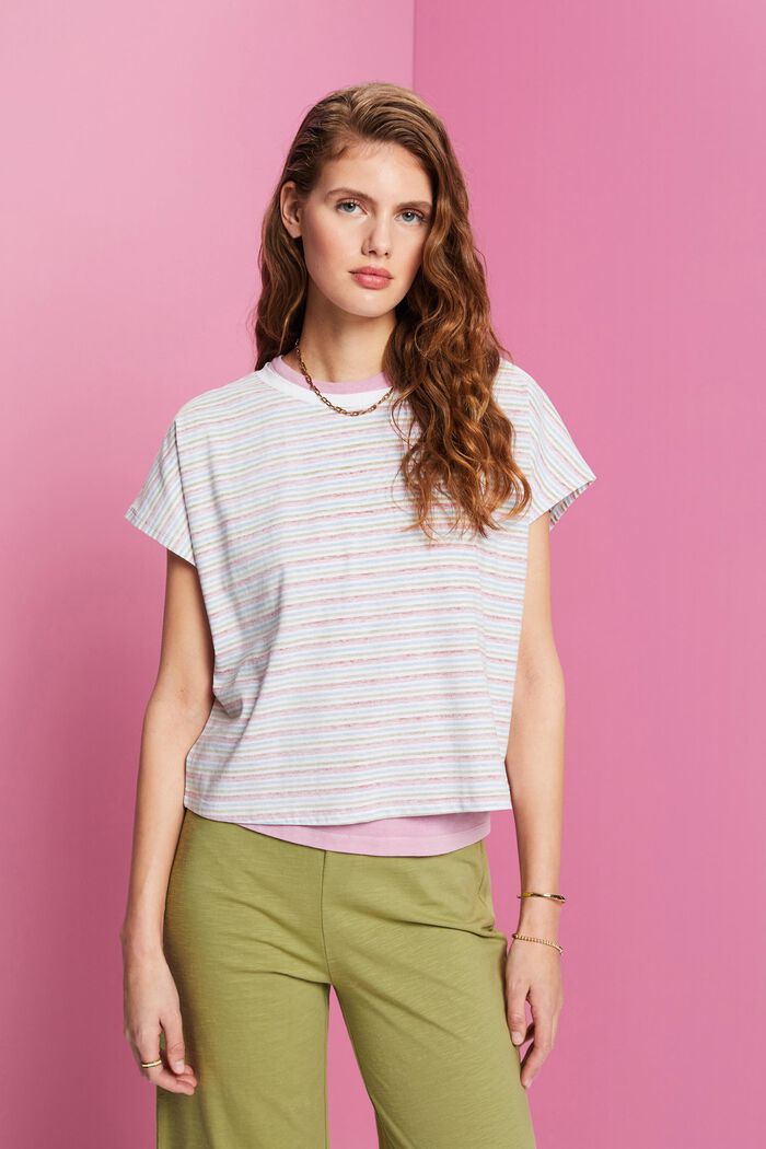 Striped Cropped Cotton T-Shirt, TERRACOTTA, detail image number 0