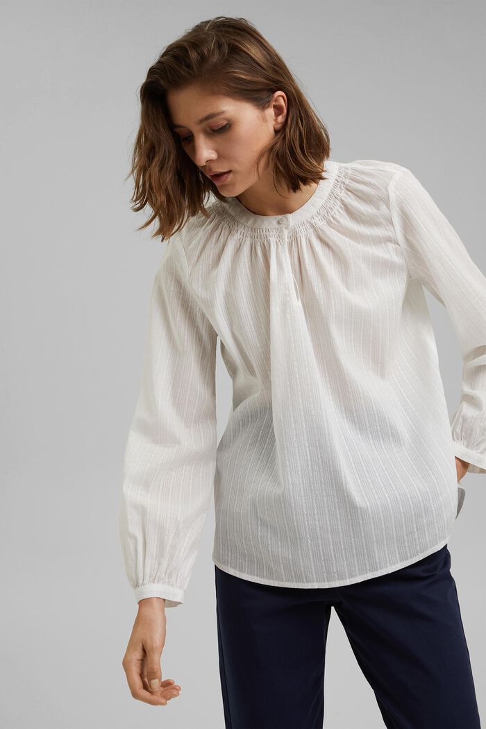 Blouse with woven texture made of 100% cotton, OFF WHITE, detail image number 0