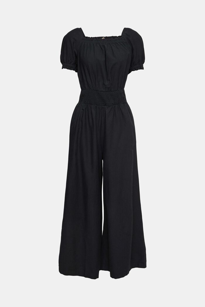 Linen blend: jumpsuit with a square neckline, BLACK, overview