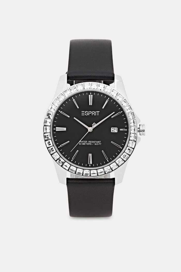Watch with zirconia stones and a leather strap, BLACK, detail image number 2