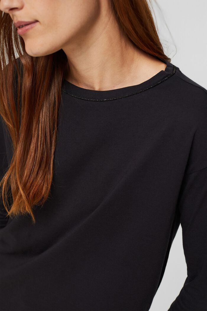 Long sleeve top with glitter, organic cotton blend, BLACK, detail image number 2