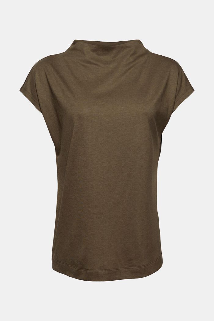 With TENCEL™: T-shirt with band collar, DARK KHAKI, detail image number 0