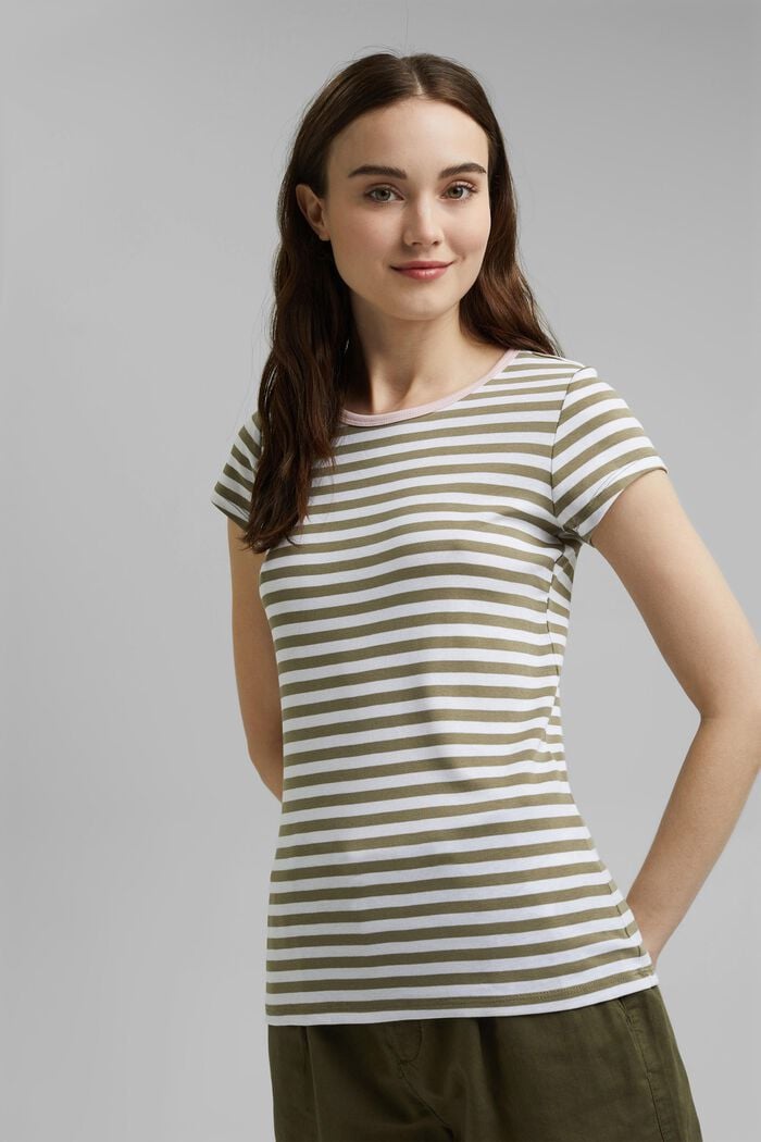 T-shirt with a striped pattern, organic cotton, LIGHT KHAKI, detail image number 0