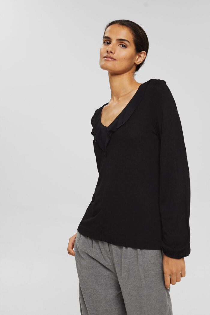 Long sleeve top with frills, LENZING™ ECOVERO™, BLACK, detail image number 0