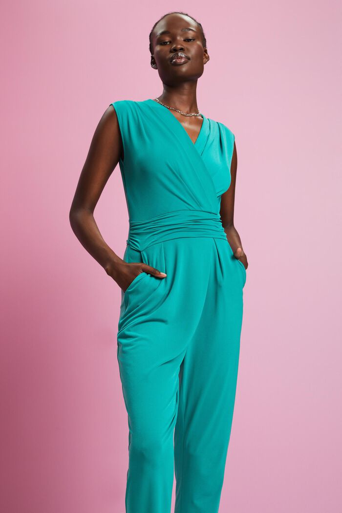 Sleeveless jumpsuit with wrapped neckline, EMERALD GREEN, detail image number 0