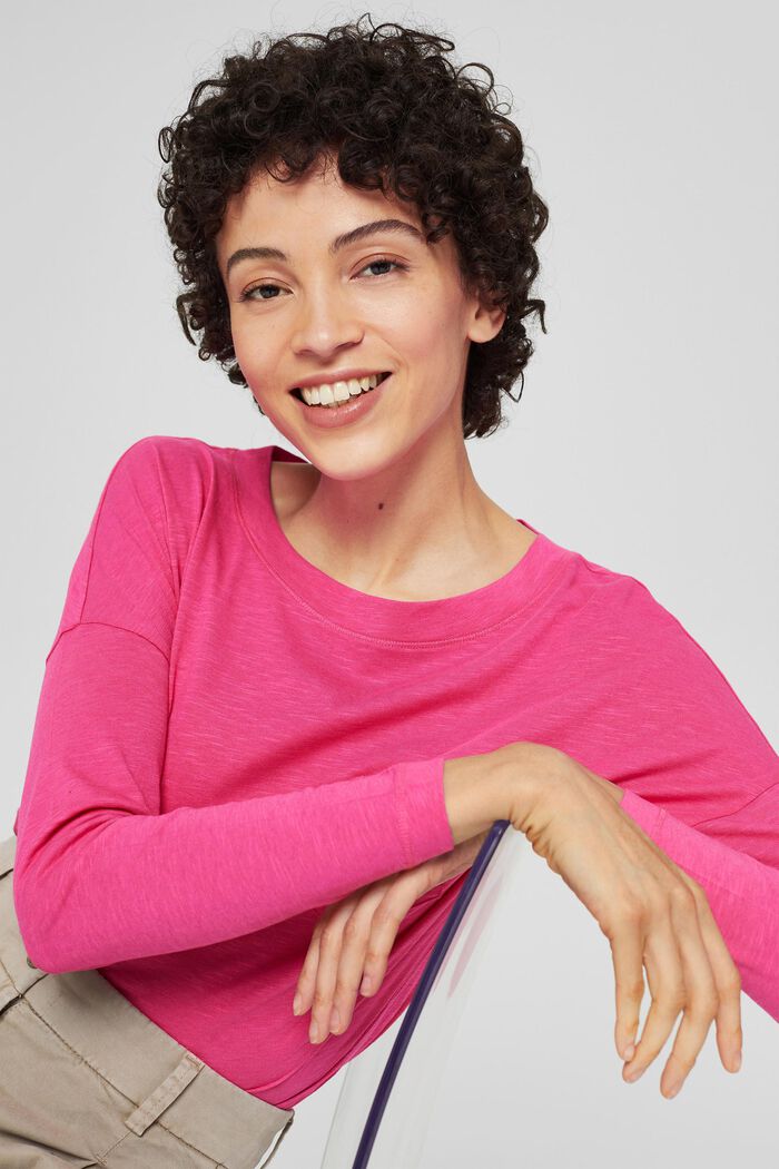 Long sleeve top with a pocket, organic cotton blend, PINK FUCHSIA, overview