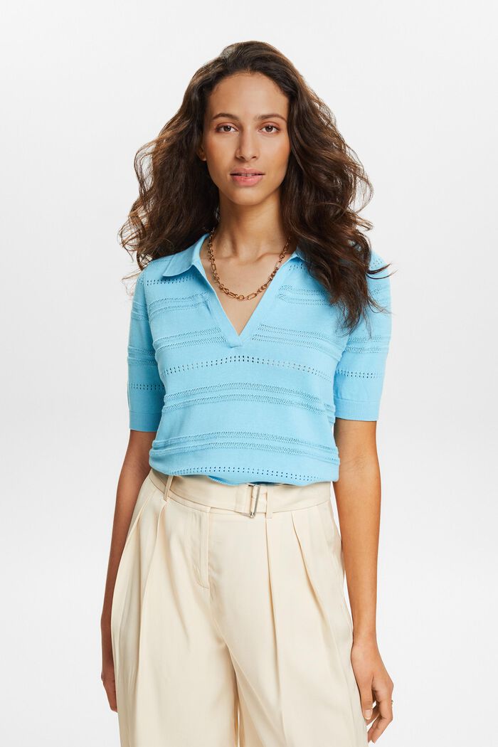 Knit Short-Sleeve Sweater, LIGHT TURQUOISE, detail image number 0