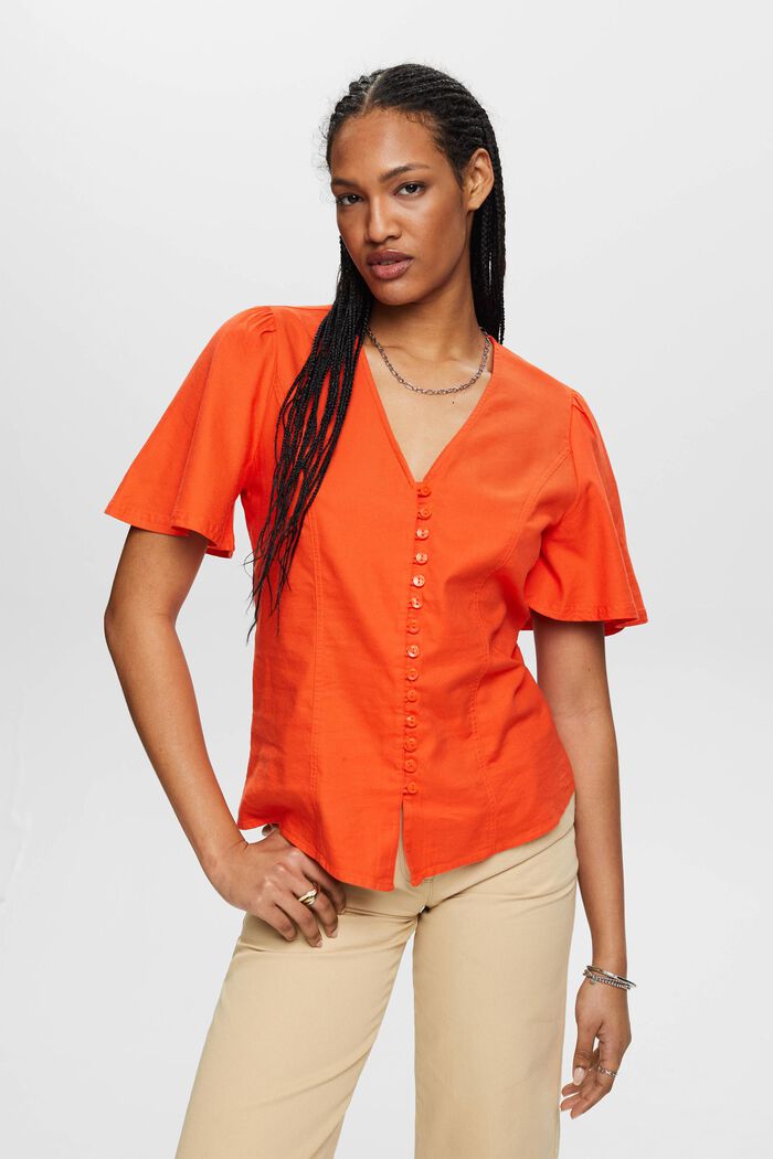 Waisted blouse with buttons, ORANGE RED, detail image number 0