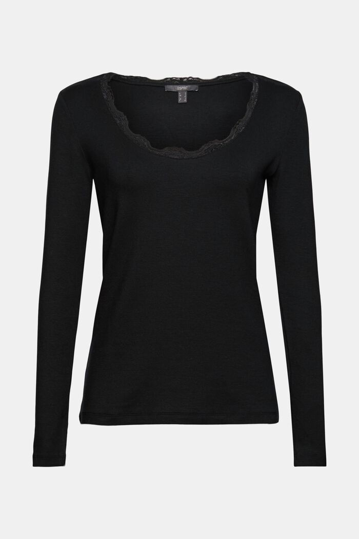 Made of TENCEL™: lace-trimmed, long sleeve top, BLACK, overview